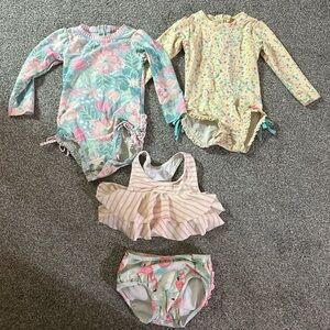 Ruffle Butts Floral flamingo and Striped Baby Swimsuit Set